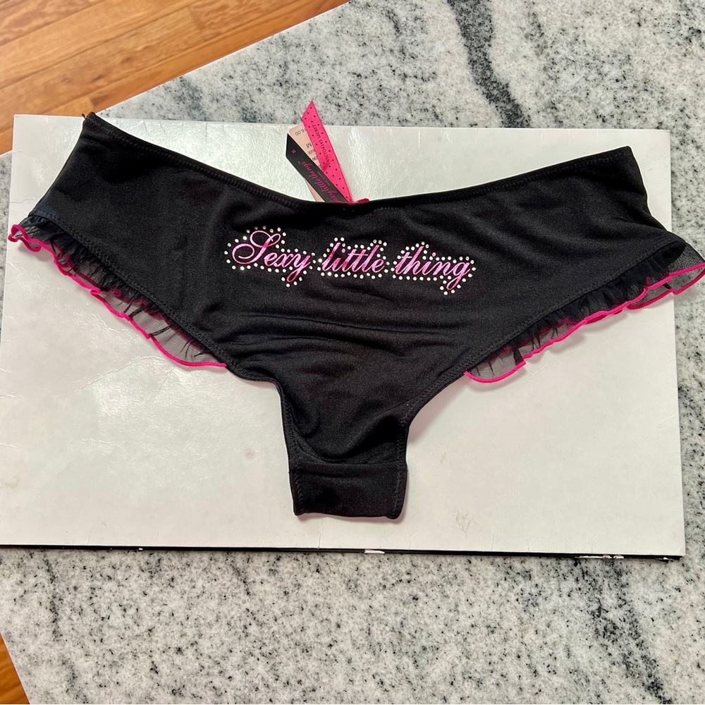 NWT Victoria’s Secret SEXY LITTLE THINGS Black Satin Ruffle Panties MEDIUM